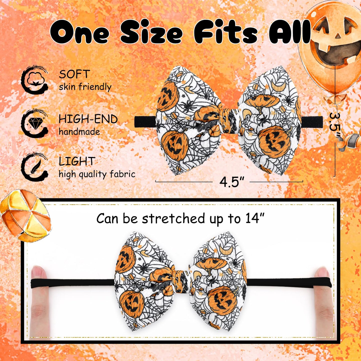 Lanmerry Halloween Baby Girl Headbands With Bows For Newborn Orange Hair Bow Hair Accessories Elastic Nylon Halloween Hairbands
