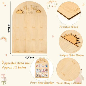 R Horse My First Year Photo Display Wood Board, 3D Boho Sun Baby'S First Year Picture Frame 12 Months Milestone Board Neutral Ba