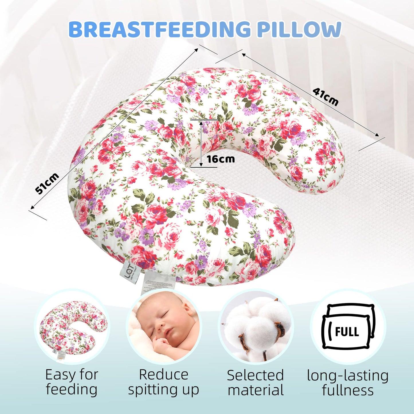 Lat Nursing Pillow And Positioner,Best For Mom Breastfeeding Pillow,100% Cotton Soft Fits Snug On Infant (Flower)