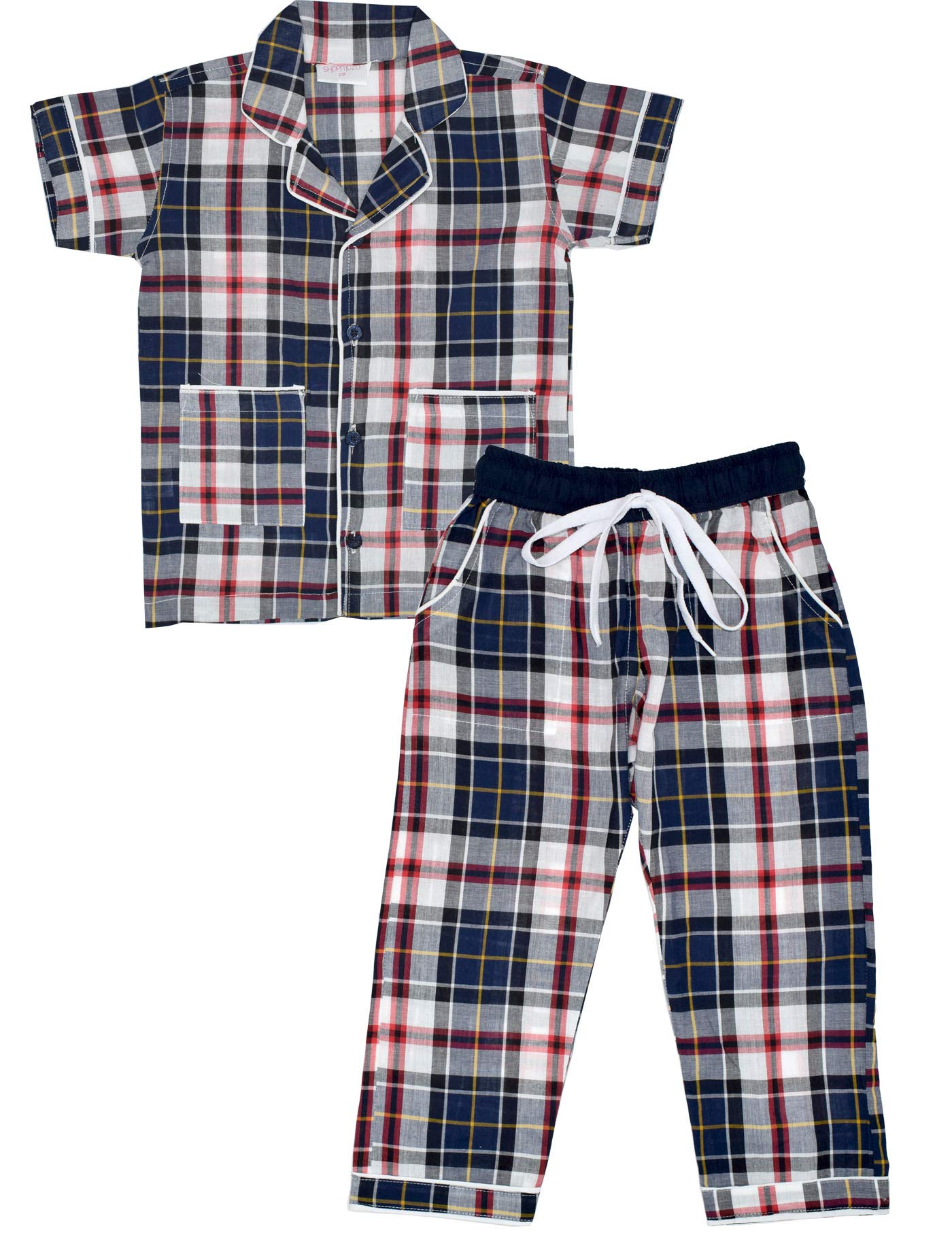 SHOPmOZO Unisex Pure Cotton Checkered Short Sleeve Night Suit for Boys and Girls Full Pyjama and Top Combo Set (SM00536UNISEXSW