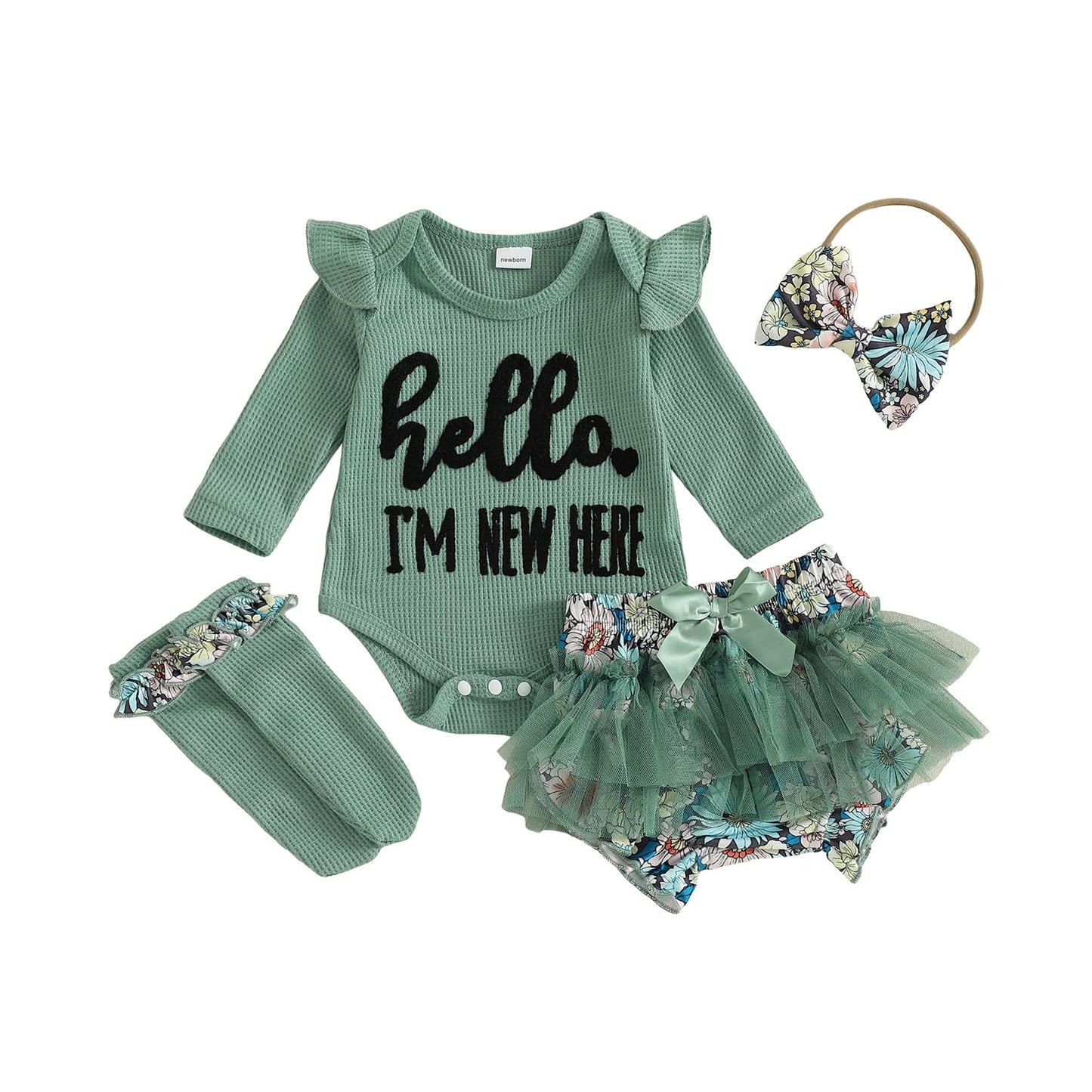 Hello Im New Here Newborn Outfit Infant Baby Girl Going Home Outfits Waffle Romper Tutu Skirts Dress Set With Socks (Green, Newb
