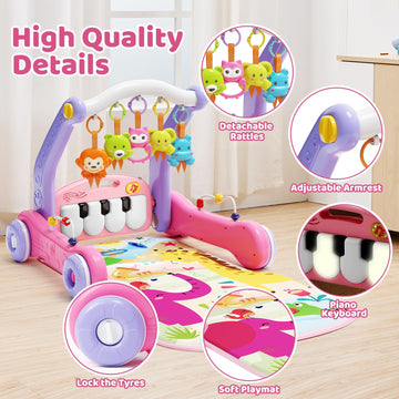 2 In 1 Baby Gym Play Mat With Walker, Kick And Play Piano Gym Activity For Boys Girls, Musical Activity Center Tummy Time Mat Fo