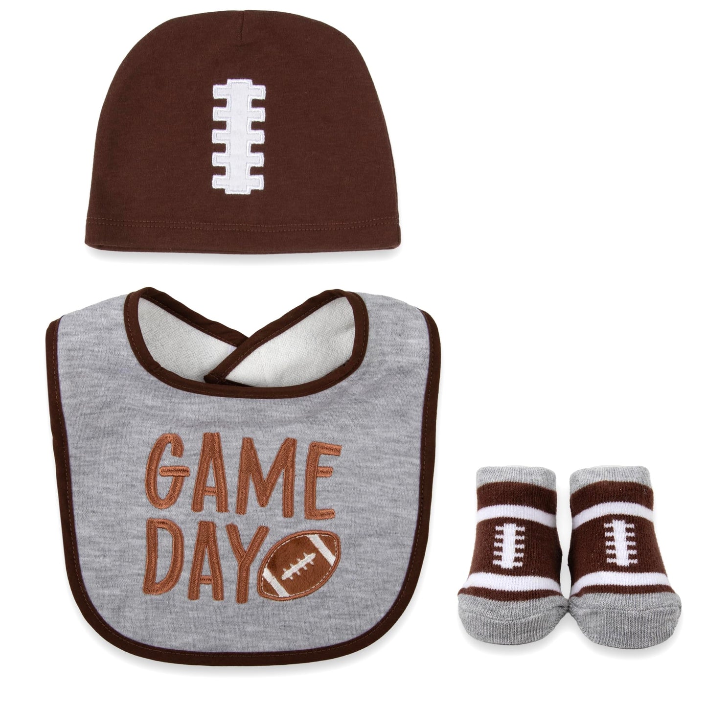 Baby Bib, Booties & Cap Gift Set - 3pc Football Game Day Outfit for Boys & Girls - Fall Tailgating & Sports Baby Gift
