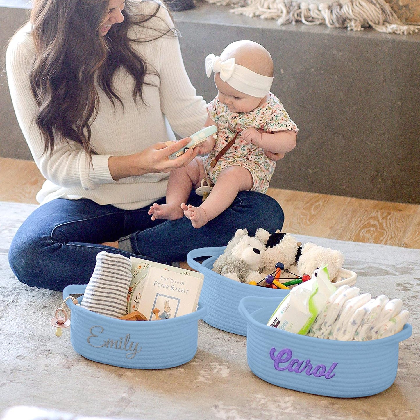 Hutario Personalized Woven Basket Embroidered Name With Gift Bags And Ribbons,Empty Small Rope Basket,Durable Storage Custom Blu