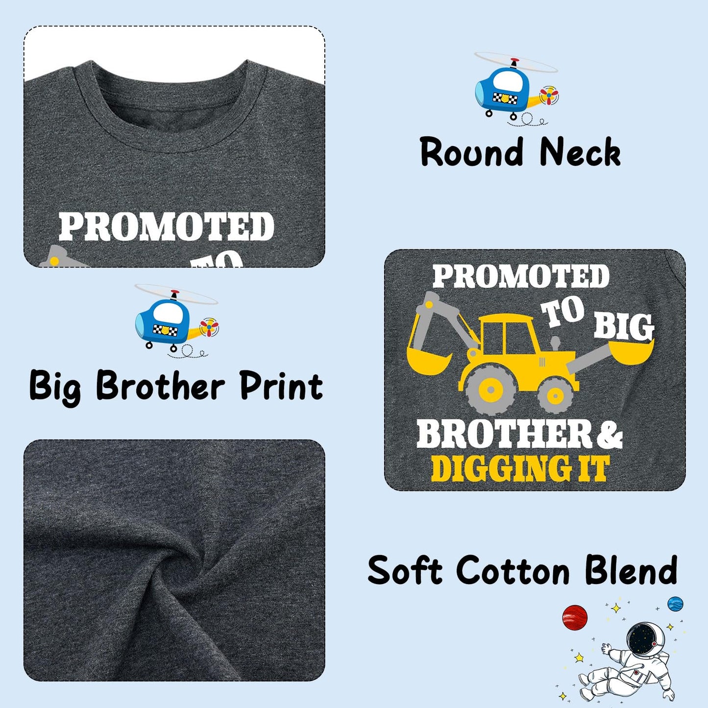Funnycokid Big Brother T Shirt 6T 5T Promoted To Big Brother Backhoe Loader Construction Digging It T-Shirt Blue Size 5 6 Pregna