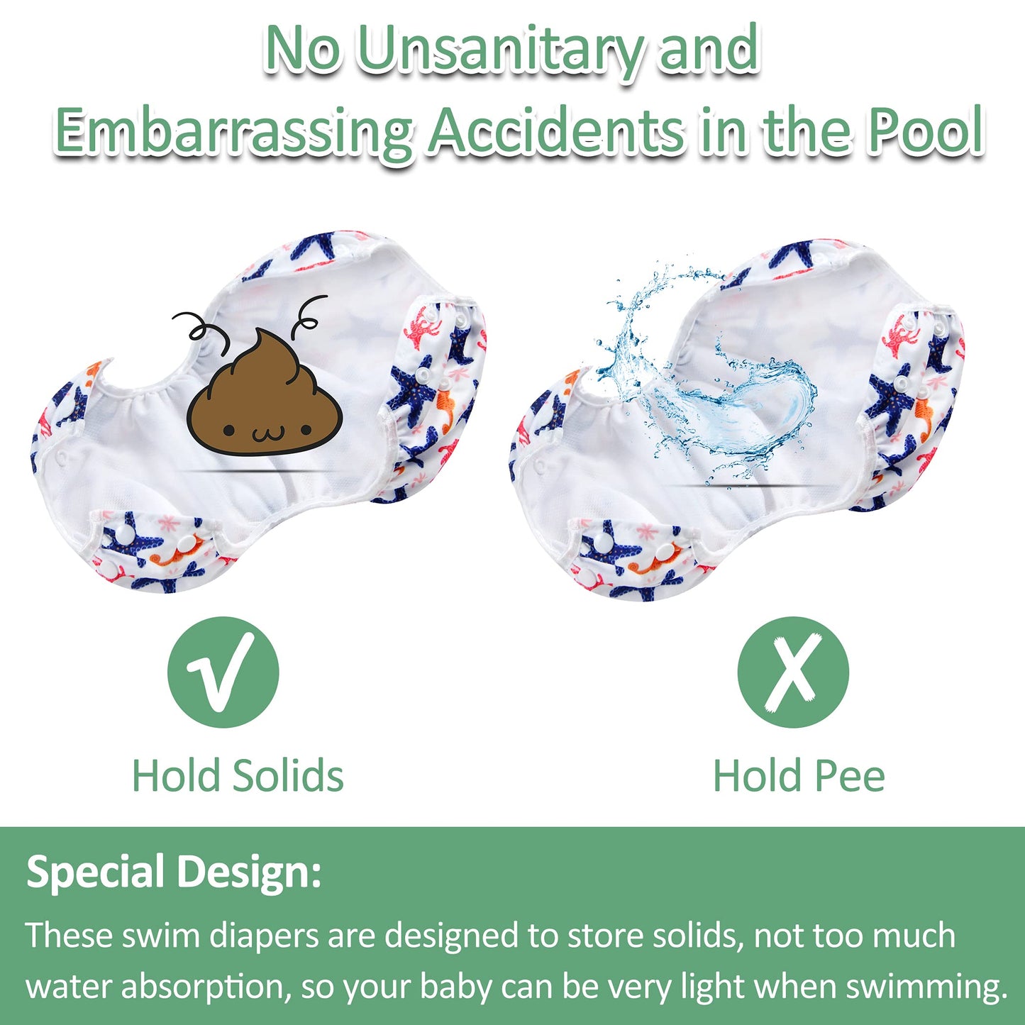 Wegreeco Baby & Toddler Snap One Size Adjustable Reusable Baby Swim Diaper (Starfish, Small, 3 Pack)