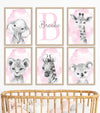 Safari Animals Set Of 6 Unframed Poster Prints For Baby Girls Nursery Bedroom Playroom, Personalized Name, Choice Of 12 Animals,