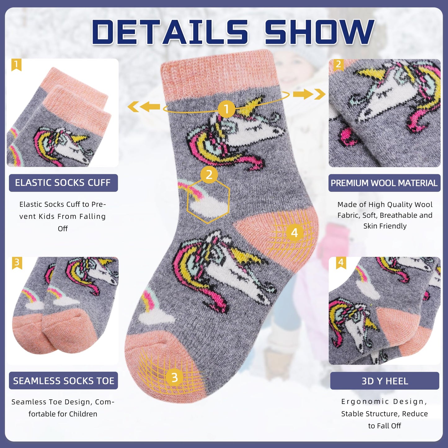 Eocom 6 Pairs Children'S Winter Warm Wool Socks Kids Toddlers Boys Girls Thermal Thick Boot Cozy Crew Socks (4-7X, Unicorn)