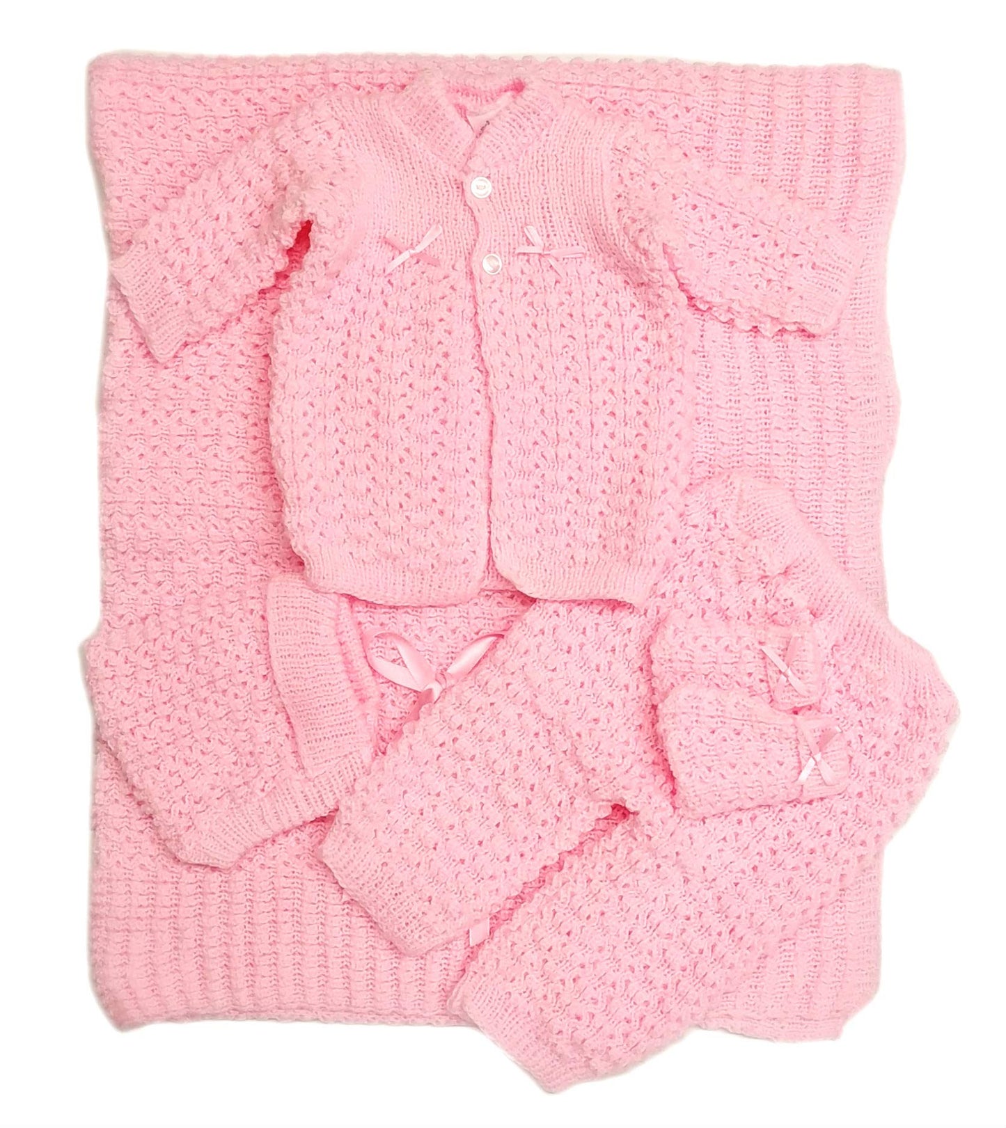 Abelito Newborn Baby Crochet Blanket 5 Piece Set Hat, Booties, Sweater, Pants (Pink)