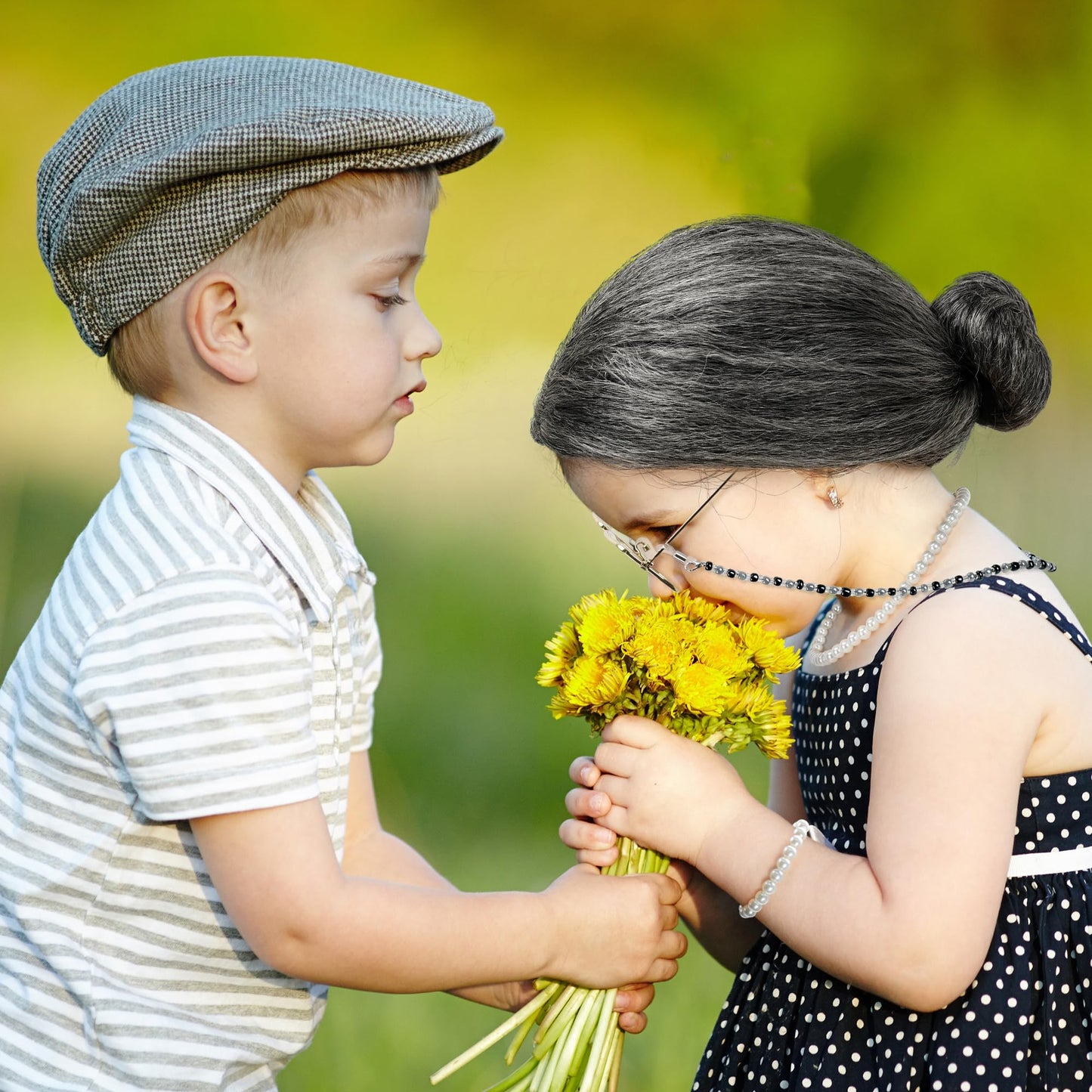 Huskein 100 Days Of School Costume, Old Lady Cosplay Silver Bun Wig Glasses Wig Cap Pearl Necklace Bracelet Accessories For Girl