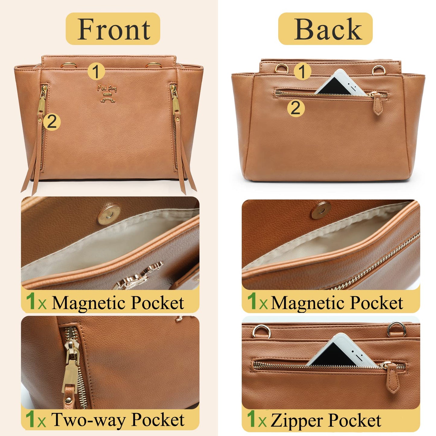 Miss Fong Brown Diaper Bag Purse, Small, Crossbody, Eco Pu Leather, 9 Pockets, Insulated, Unisex-Adults