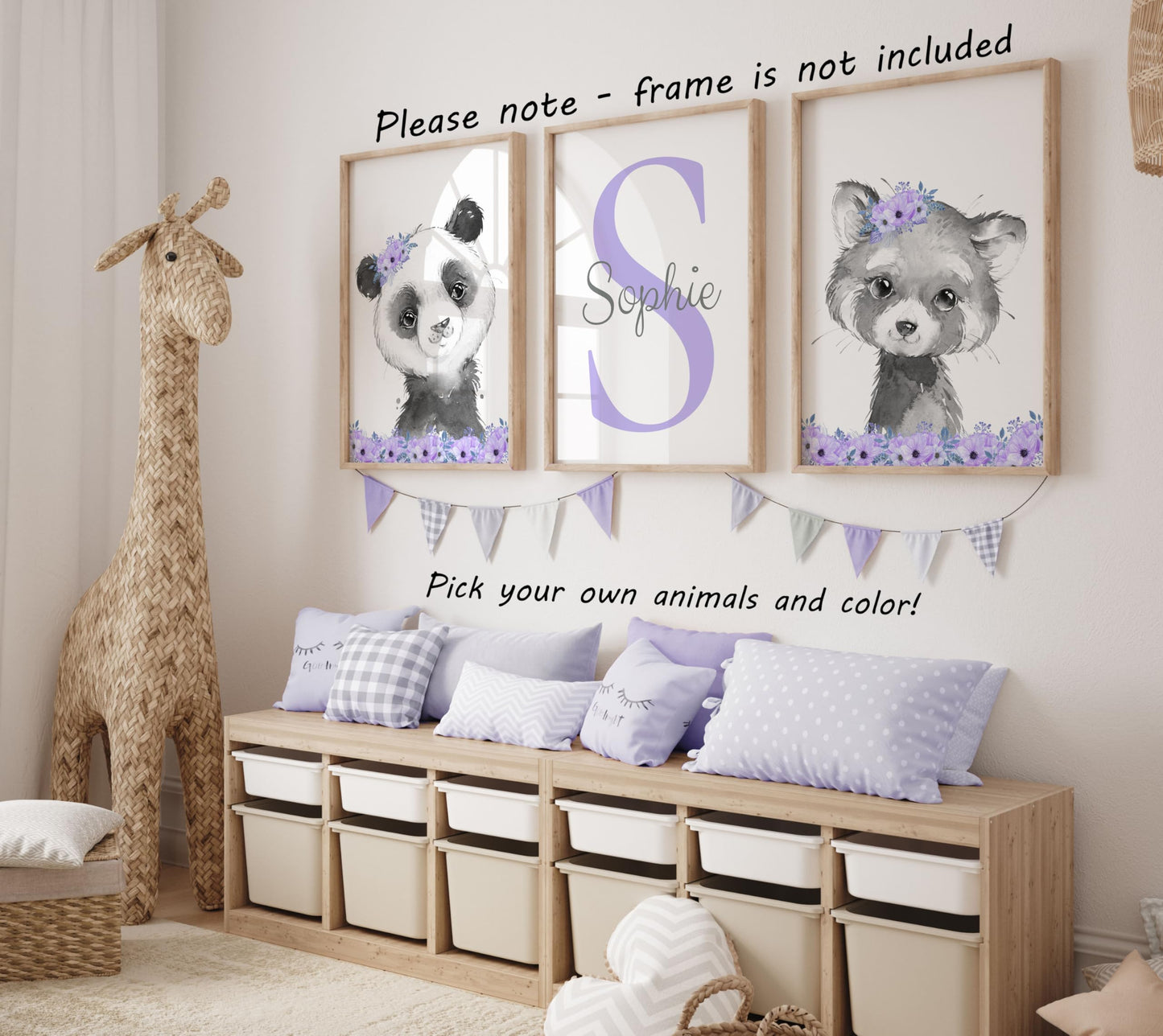 Safari Animals Girls Nursery Bedroom Unframed Set Of 3 Poster Prints, Personalized Name Pink Or Purple Flowers Wall Art Decor Ne