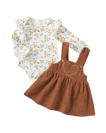 Kucnuzki Baby Girl Fall Clothes Toddler Long Sleeve Outfit Infant Ruffled Romper Brown Soft Suspender Skirt Dress 6-12 Month Gir