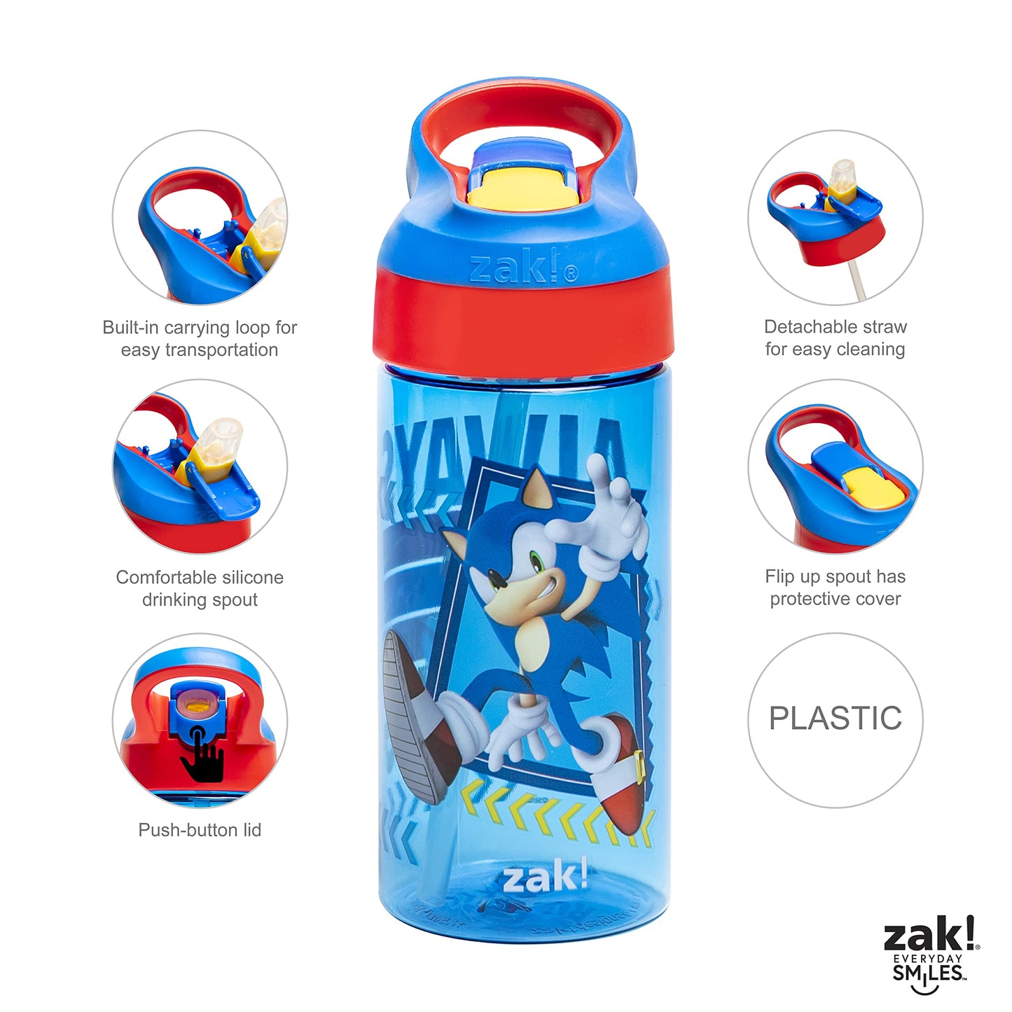Zak Designs Sonic The Hedgehog Kids Water Bottle With Spout Cover And Built-In Carrying Loop, Made Of Durable Plastic, Leak-Proo
