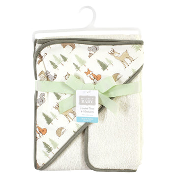 Hudson Baby Unisex Baby Cotton Hooded Towel And Washcloth, Forest Animals, One Size