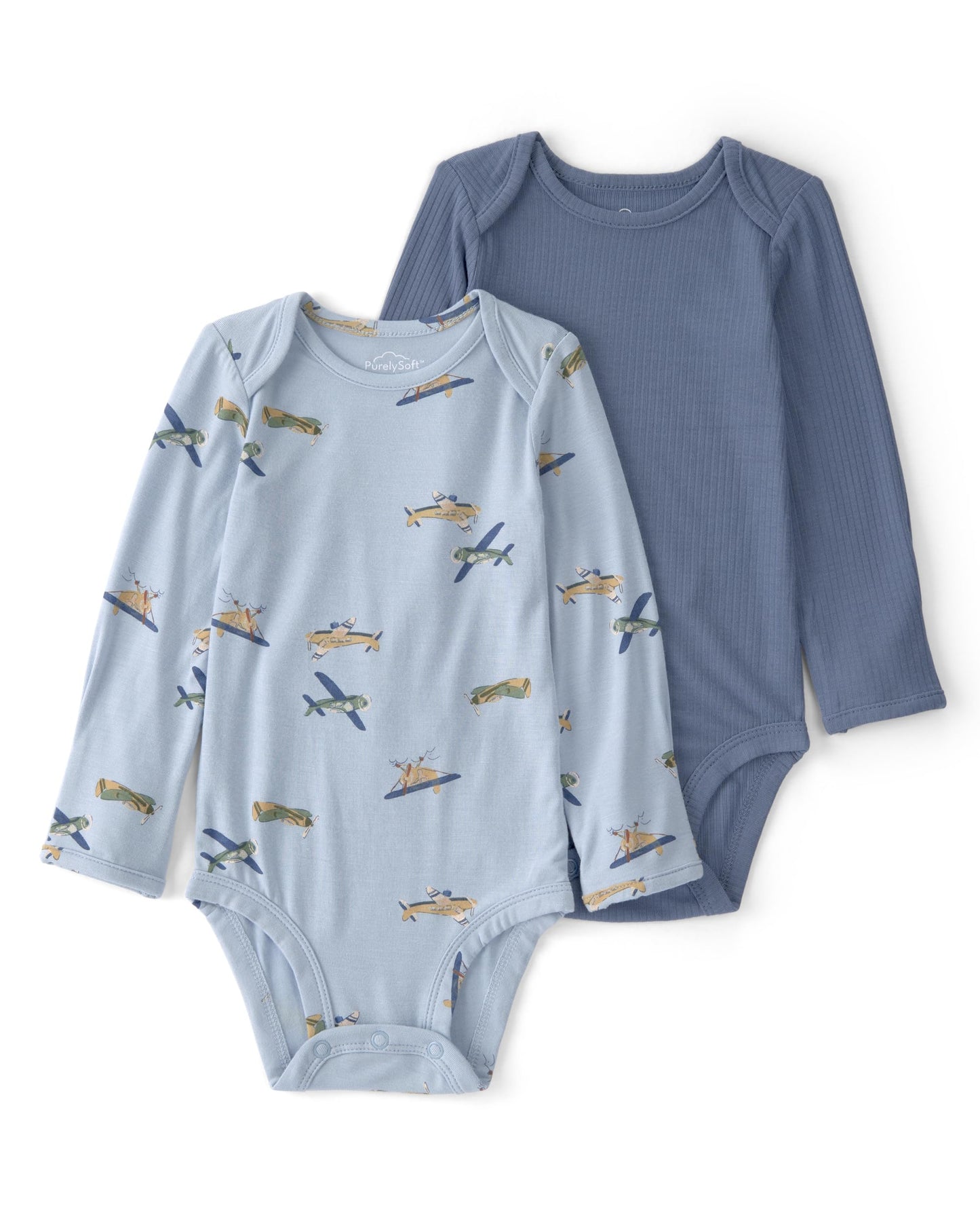 Carters Boy PurelySoft 2-pack Long Sleeve Bodysuit, Vintage Plane, 24M
