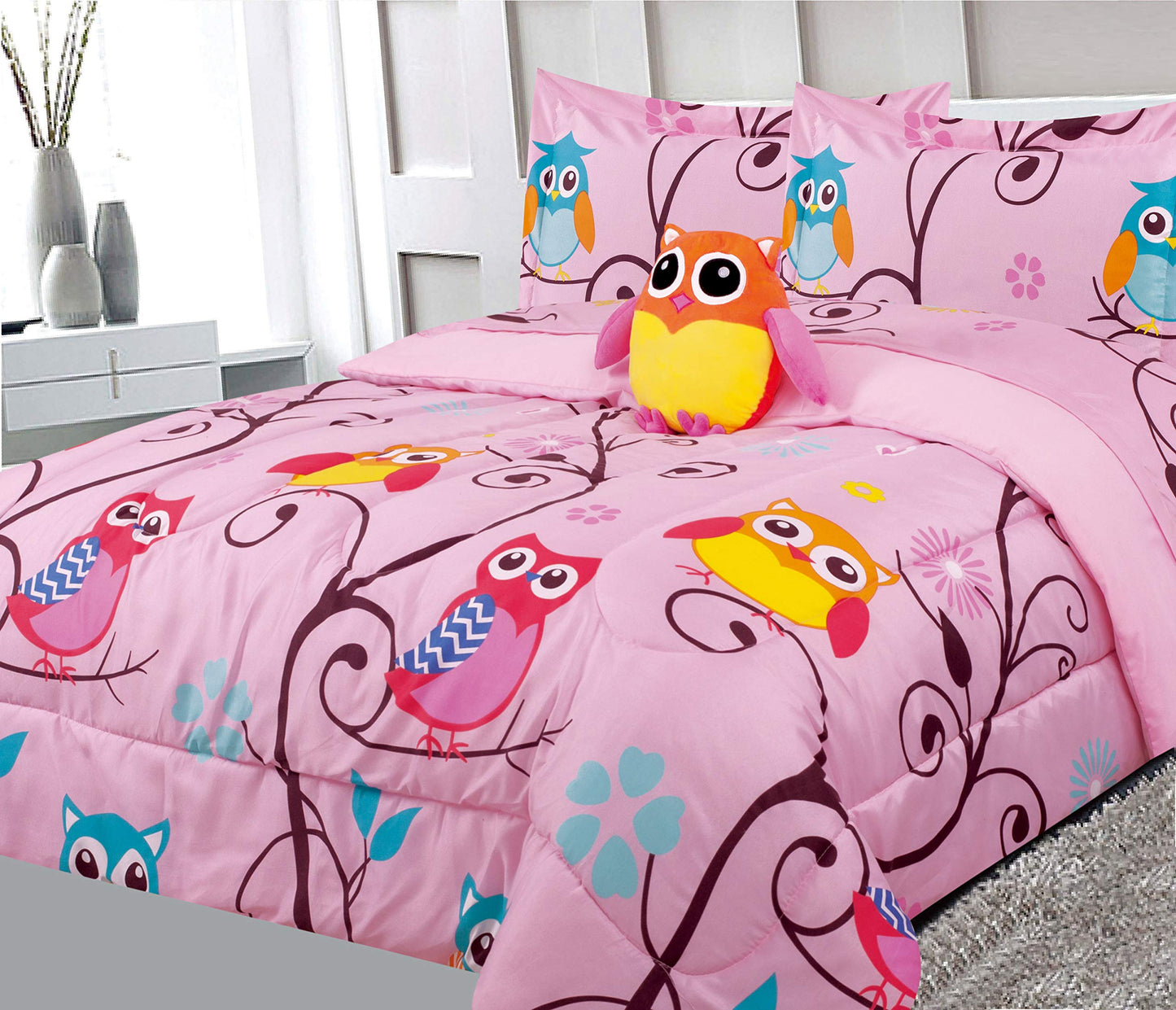 Sapphire Home 8 Piece Owl Bedding Set For Girls, Kids Bed In A Bag, Comforter Set With Bed Sheets, Pillow Case, Toy Pillow, Todd