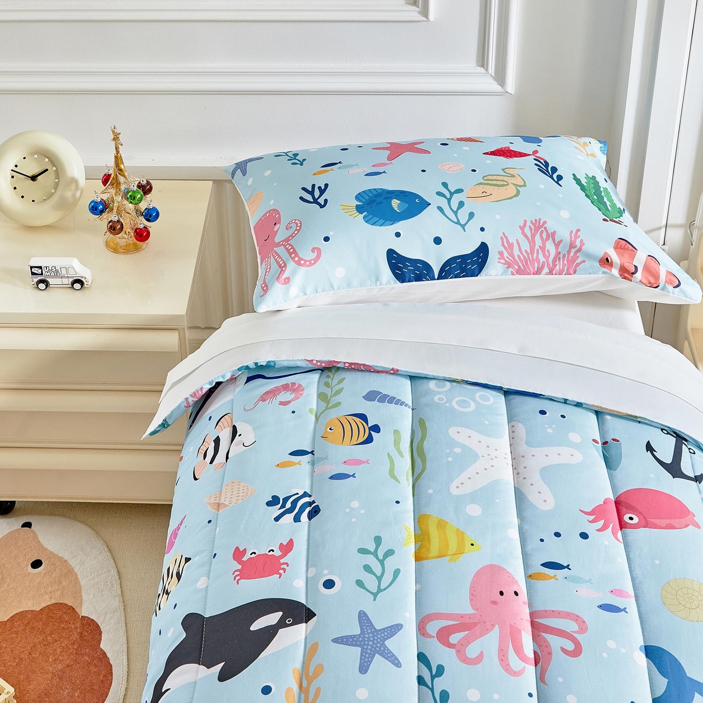 Joyreap 4 Piece Toddler Bedding Set- Ocean Theme Blue Design, Microfiber Toddler Bedding Comforter Set For Kids Boys Girls