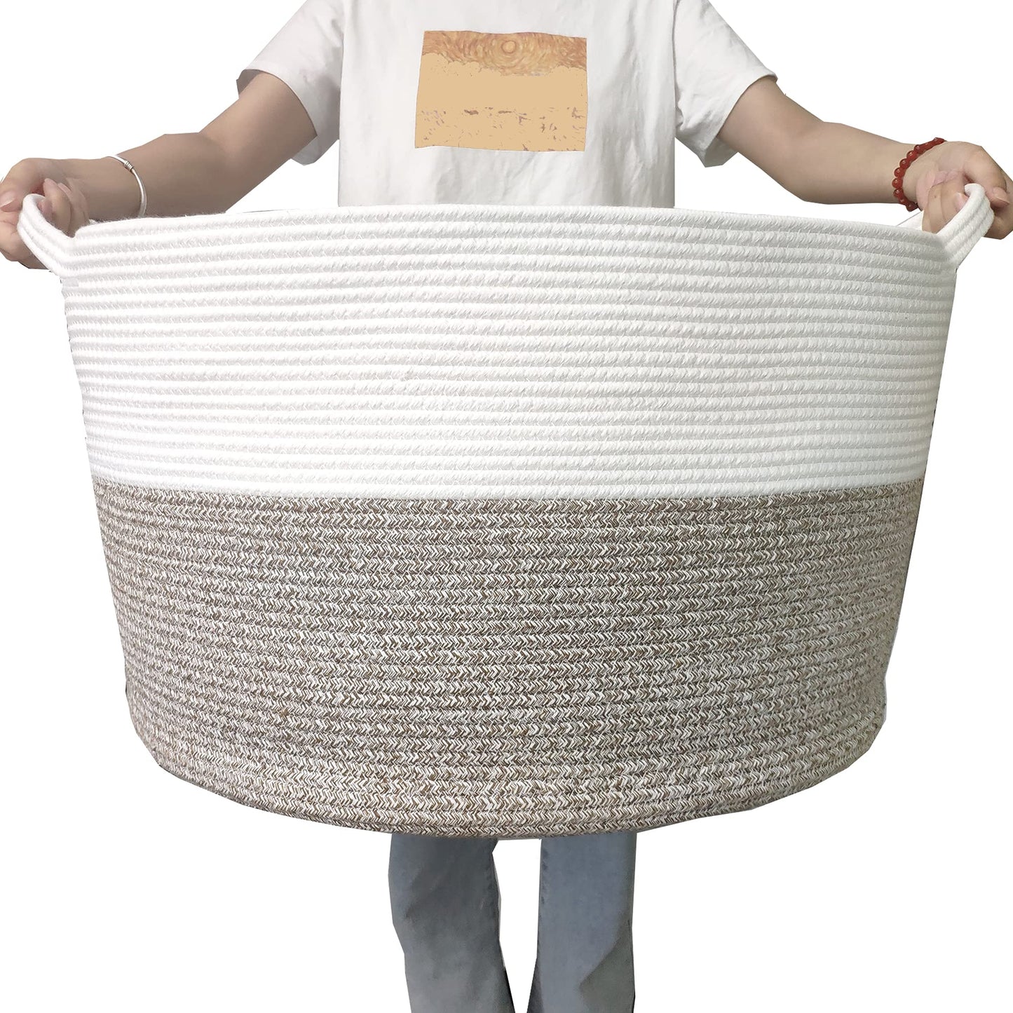 YNEXTRA Extra Large Cotton Rope Woven Basket-22x14Inch Storage Basket for Blankets-XXXL Laundry Basket with Handles-Safe Toy Bas