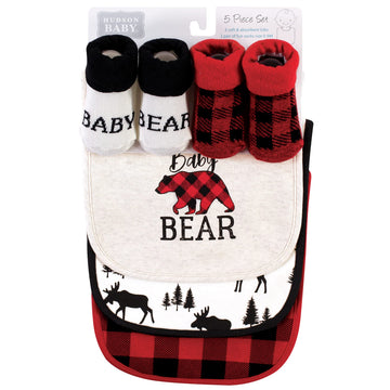 Hudson Baby Unisex Baby Cotton Bib And Sock Set, Baby Bear Plaid, One Size
