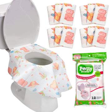Potty Shields Toilet Seat Covers Disposable (12 Pk, Dinosaurs) - Xl Waterproof Toilet Cover For Toddlers, Kids & Adults - Portab