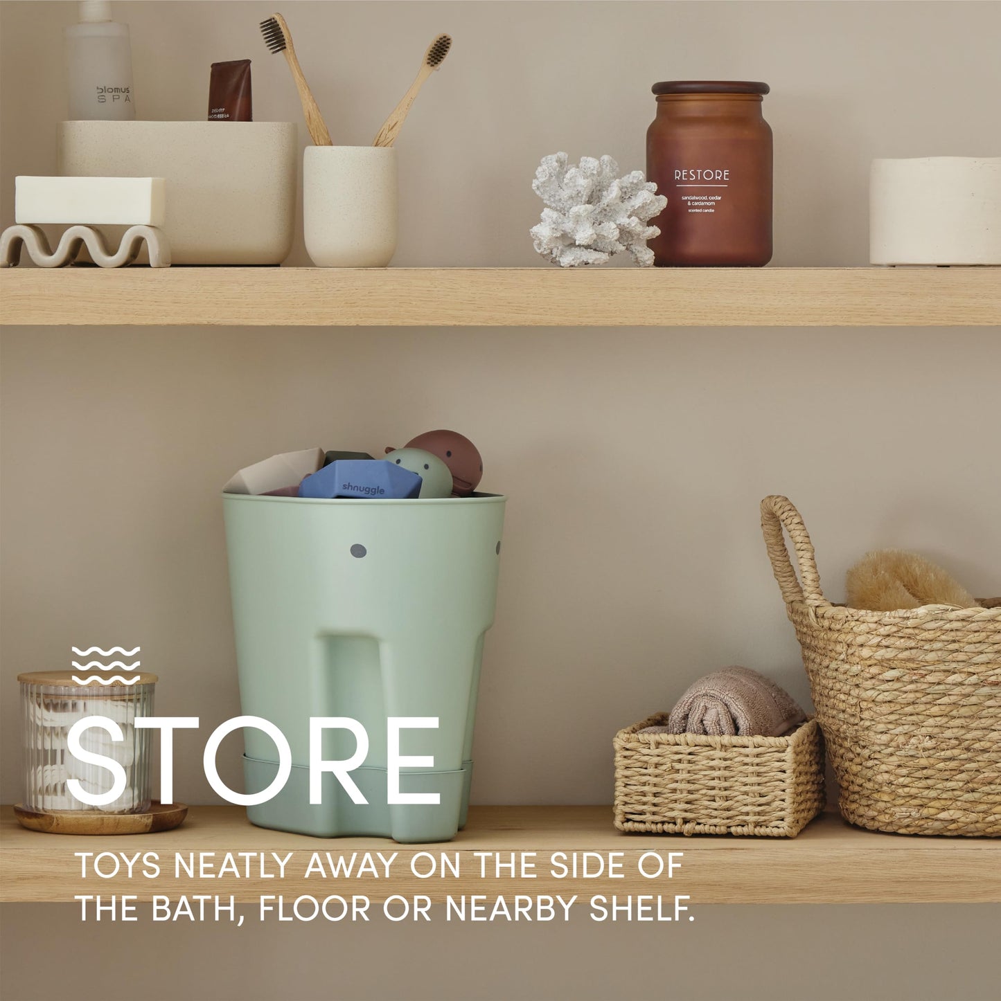 SHNUGGLE Ellie Bath Toy Storage Scoop | Baby & Toddler Bath Toy Drying Caddy with Drip Tray - Eucalyptus Green