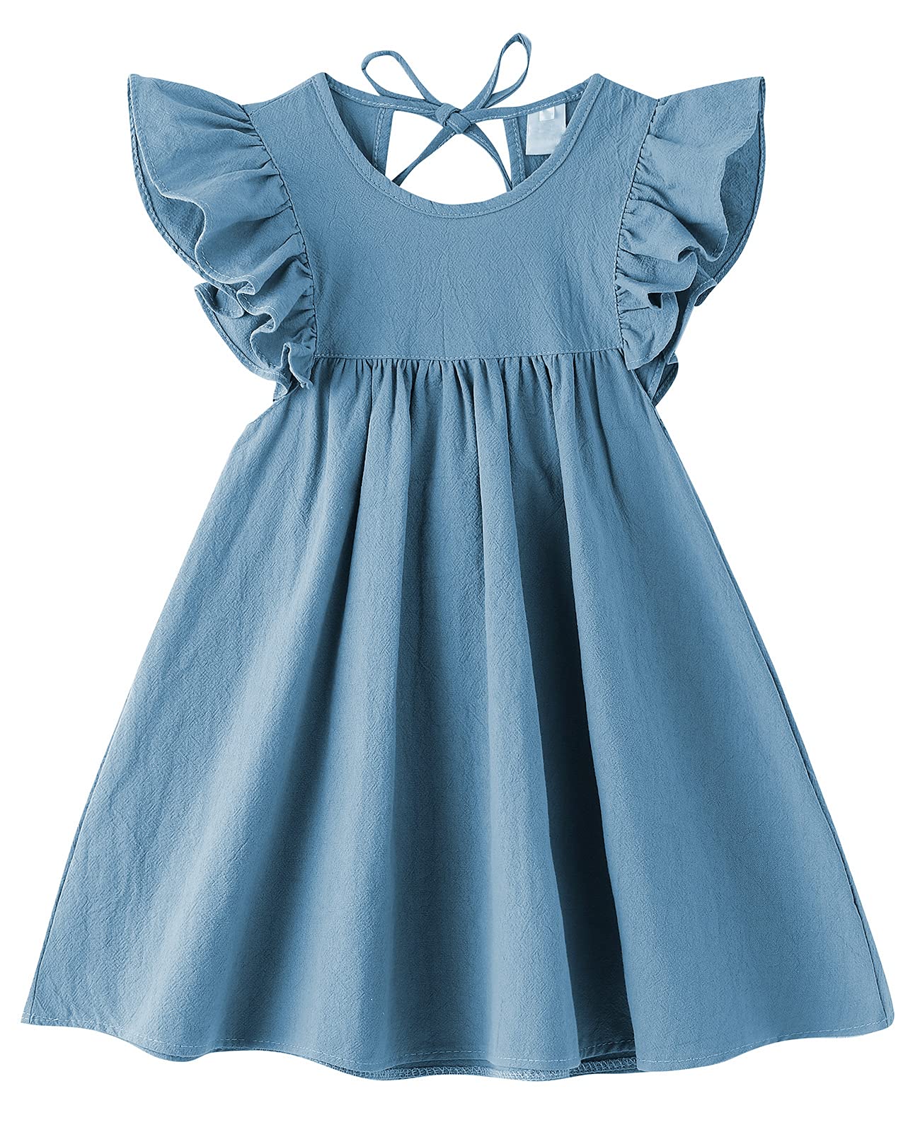 Lyxiof Toddler Baby Girl Cotton Linen Dress Ruffle Sleeve Halter Sleeveless Kids Casual Beach Dresses Blue 130Cm