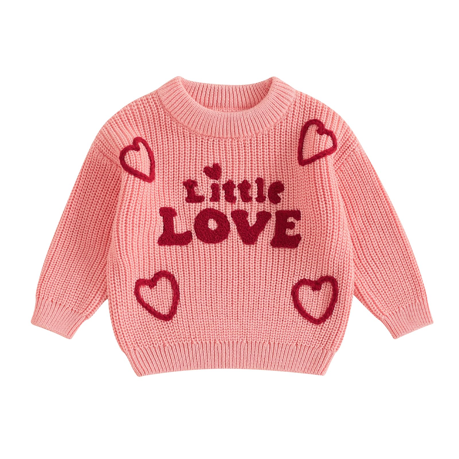 Toddler Baby Girl Valentines Day Outfit Little Love Heart Knit Sweater Long Sleeve Crewneck Pullover Fall Cute Top (Pink Little