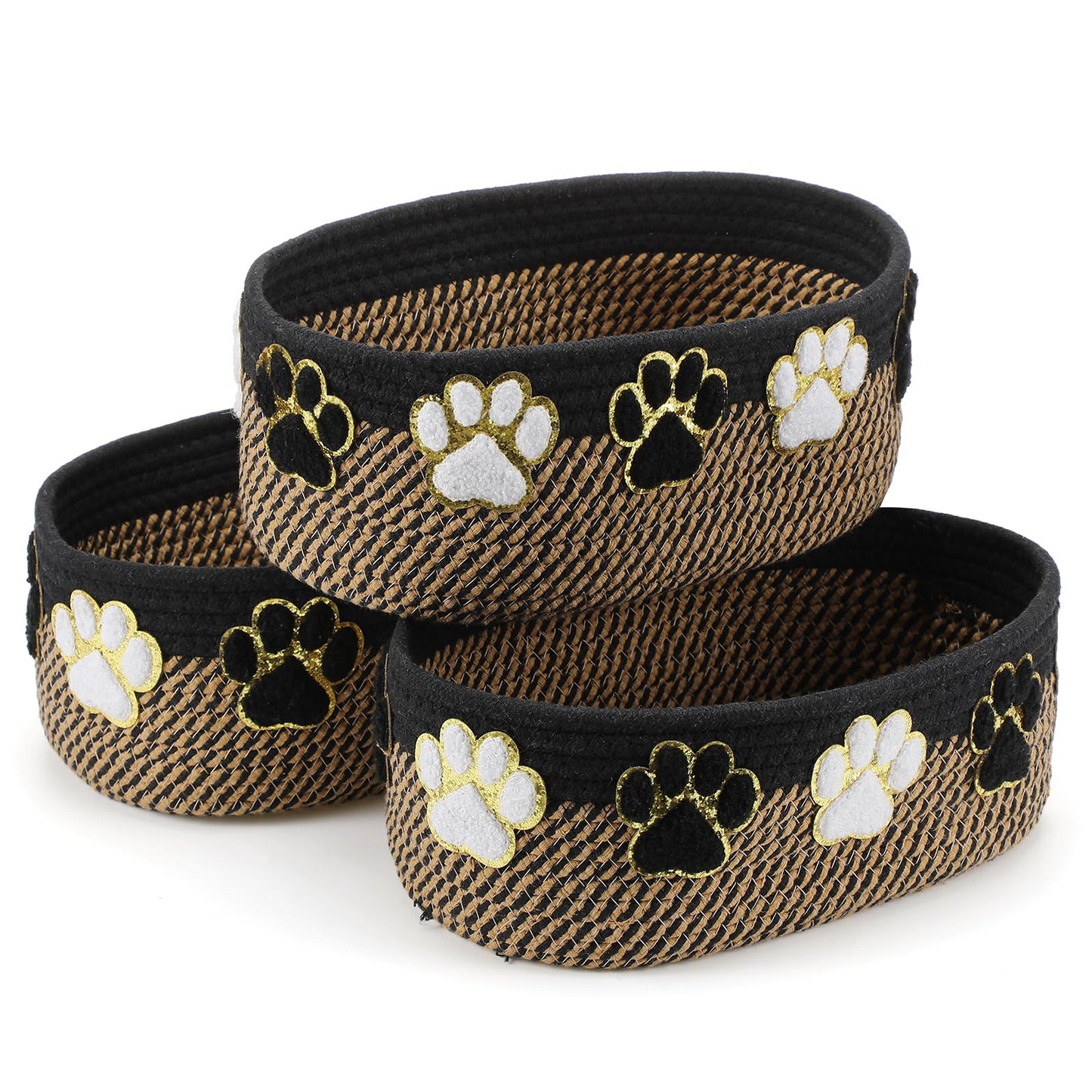Geelin 3 Pcs Dog Toy Baskets Black & Gold Small Woven Cotton Rope Nursery Shelf Organizer Bins Gift Storage Baskets with Paw for