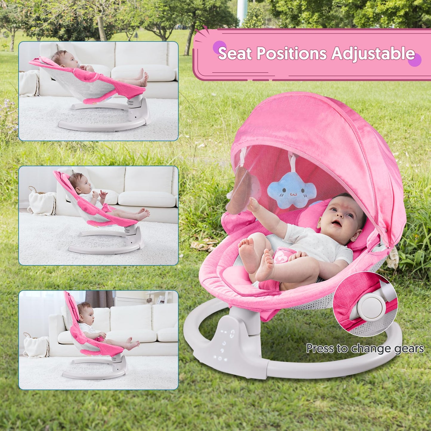 Bluetooth Baby Swing For Infants, Compact & Portable Pink Baby Girl Rocker, 3 Seat Positions, 5 Swing Speed, 10 Lullabies, Remot