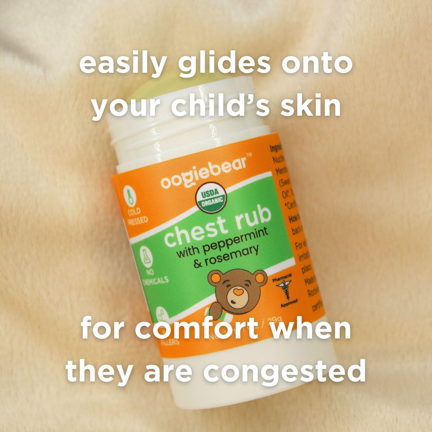 Oogiebear Kids Chest Rub, Usda Organic Soothing Peppermint & Rosemary For Breathing Relief And Comfort, Petroleum Free, 1.0 Oz B