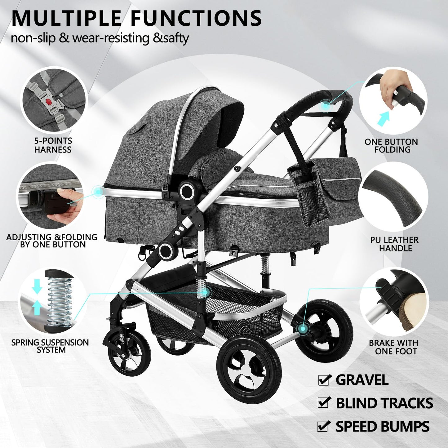 Kinder King 2 in 1 Convertible Baby Stroller, Folding High Landscape Infant Carriage, Newborn Reversible Pram, Diaper Bag, Anti-