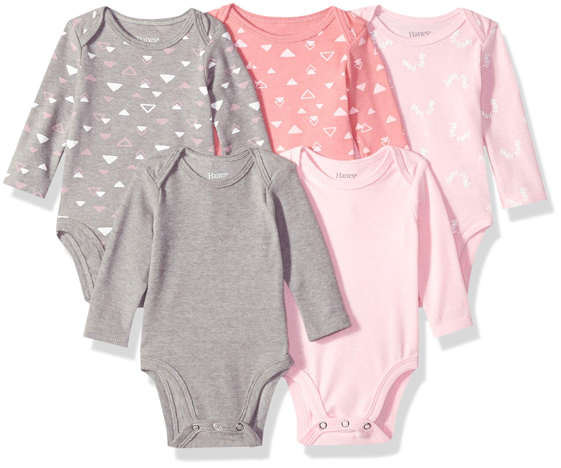 Hanes Baby Boys Ultimate Flexy 5 Pack Long Sleeve Bodysuits Bodystocking, Pink/Grey Shades, 0-6 Months Us
