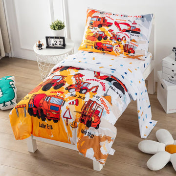 4 Piece Toddler Bedding Set For Boys,Cars Construction Toddler Bed Comforter Set Includes Comforter,Flat Sheet,Fitted Sheet And