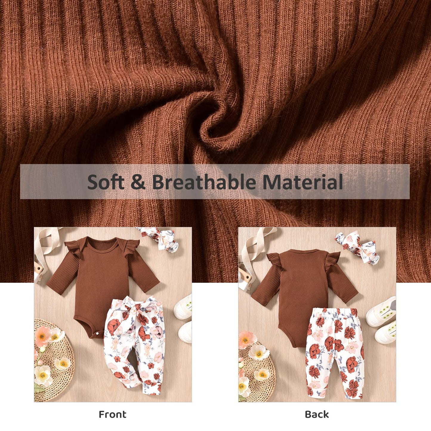 Aalizzwell 3-6 Months Infant Baby Girls Fall Clothes Ribbed Long Sleeve Floral Thanksgiving Outfit Brown