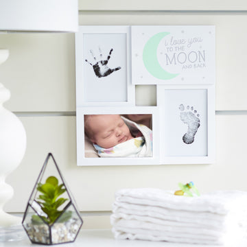 Tiny Ideas Baby Prints Collage Keepsake Frame With Included Ink Pad, Love You To The Moon And Back, Mint/White/Black, 4' X 6'