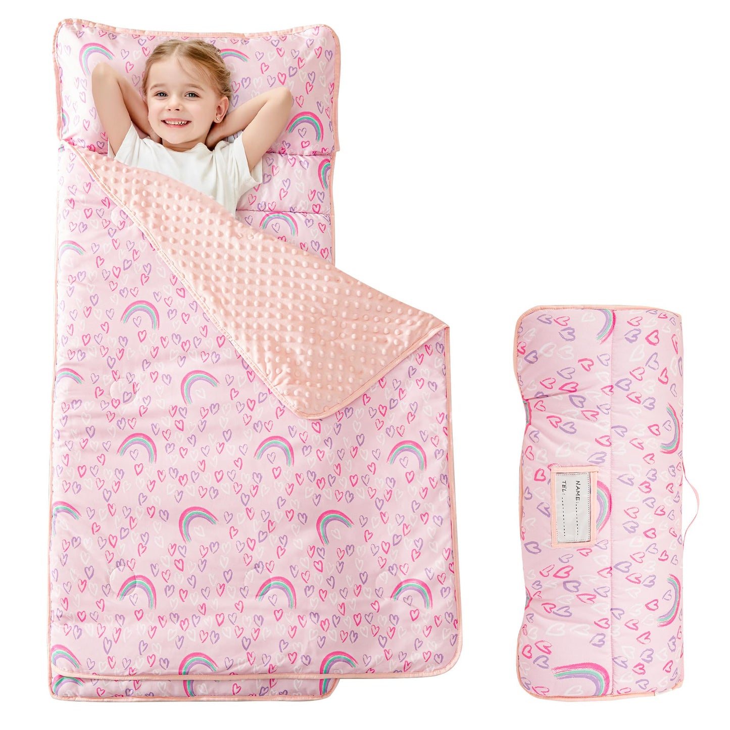 Viviland Toddler Kid Nap Mat for Preschool, Girls Pink Rainbow Slumber Bag, Daycare Sleeping Bag with Pillow and Blanket, Kinder