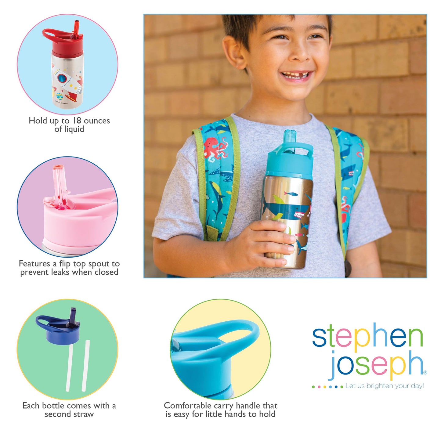 Stephen Joseph Stainless Steel Water Bottles, 18 Oz, Straw Lid, Reusable Tumbler, Insulated, Unicorn