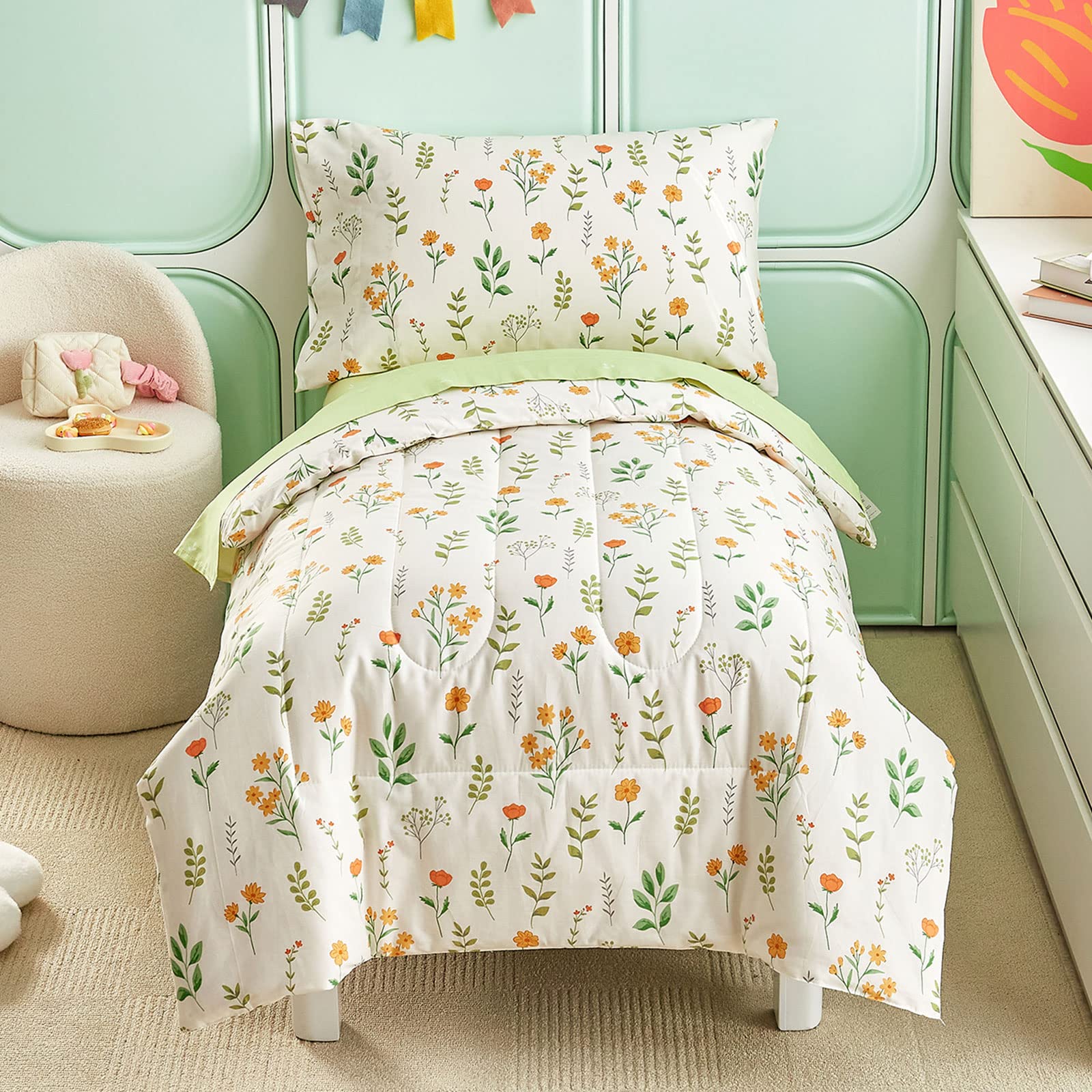 Joyreap 4 Piece Cotton Toddler Bedding Set For Girls, Yellow Flowers Green Leaves On White, Soft Breathable Toddler Comforter Se