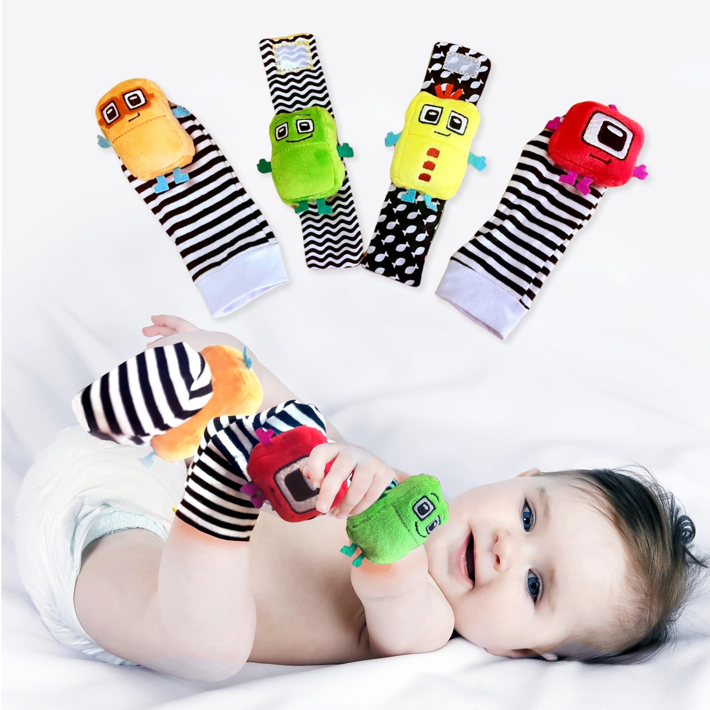 BABY K Foot Finder Socks & Wrist Rattles (Set L) - Newborn Toys for Baby Boy or Girl - Brain Development Infant Toys - Hand and