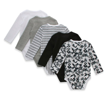 Hanes Baby Girls Bodysuits, Ultimate Flexy Infant Long Sleeve 5-Pack, White/Grey/Black, 0-6M Us