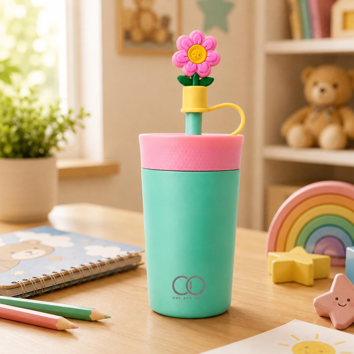 Tumbler Bottle 350Ml, Teal Stainless Steel Sipper Cup With Straw And Lid, Reusable Kids Tumbler For School Travel & Daily Use, E