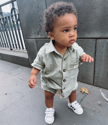Baby Boys Clothes Set Toddler Infant Boys Button-Down Shirt Tops + Cotton Gauze Shorts Summer Outfit 2Pcs With Pockets (Blue, 0-
