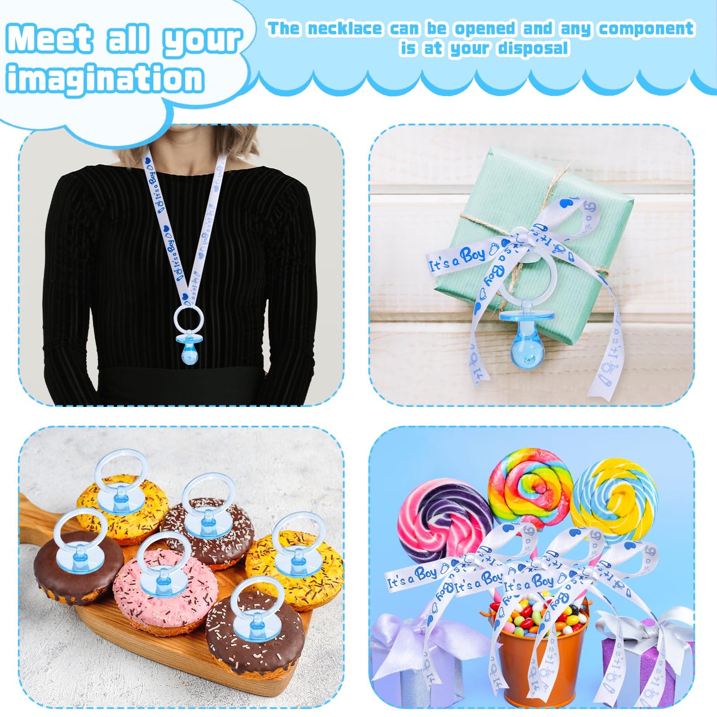 72 Baby Shower Pacifiers Necklace, Acrylic Pacifier Necklace, Cute Pacifier Necklace For Baby Shower Boys Girls Party Favors Cha