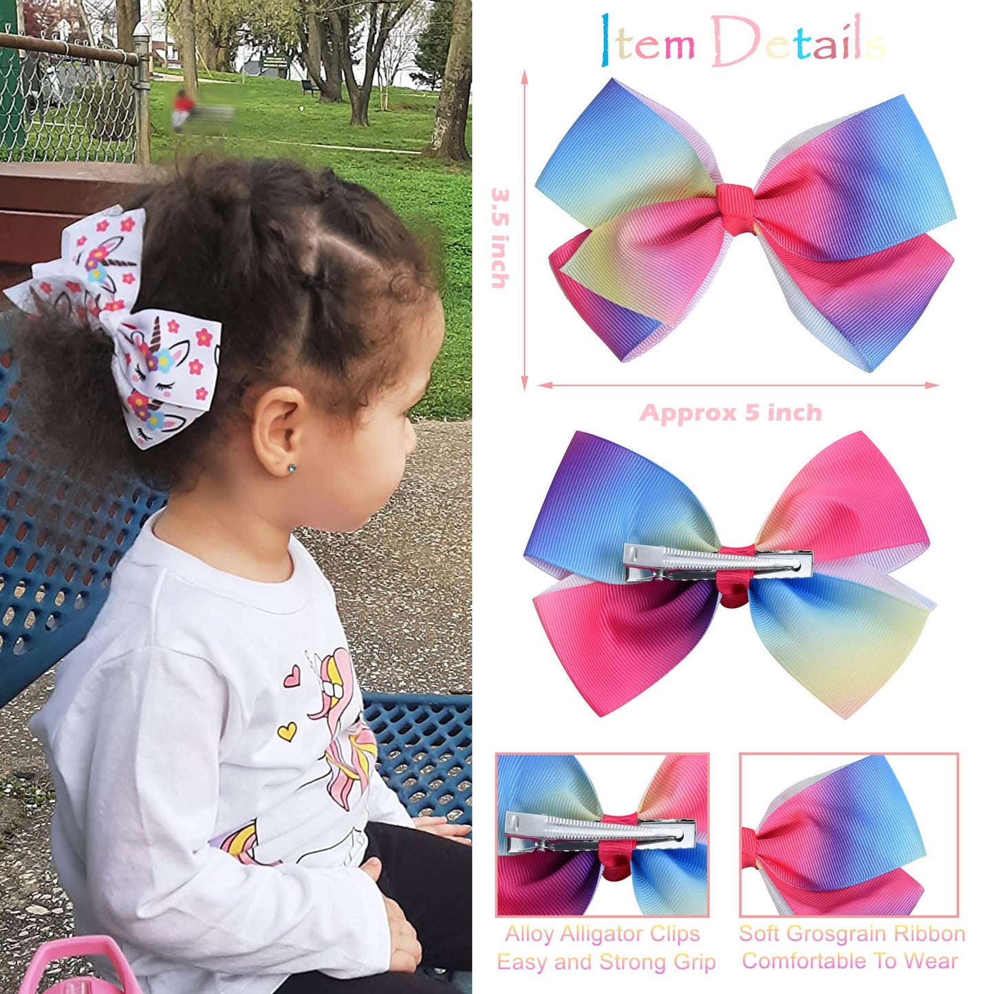 18 Pcs 5 Inch Hair Bows For Girls,Colorful Rainbow Heart Girls Hair Bows Grosgrain Ribbon Hair Bow With Alligator Clips For Todd