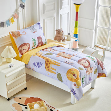 Joyreap 4 Piece Toddler Bedding Set- Cartoon Zoo Theme Animals Purple Design, Microfiber Toddler Bedding Comforter Set For Kids