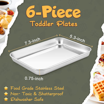 Haware 6-Piece Toddler Plates, Stainless Steel Kids Plates, Metal Dinner Dish For Children, 7.3' X 5.3' X 0.8' Feeding Baking