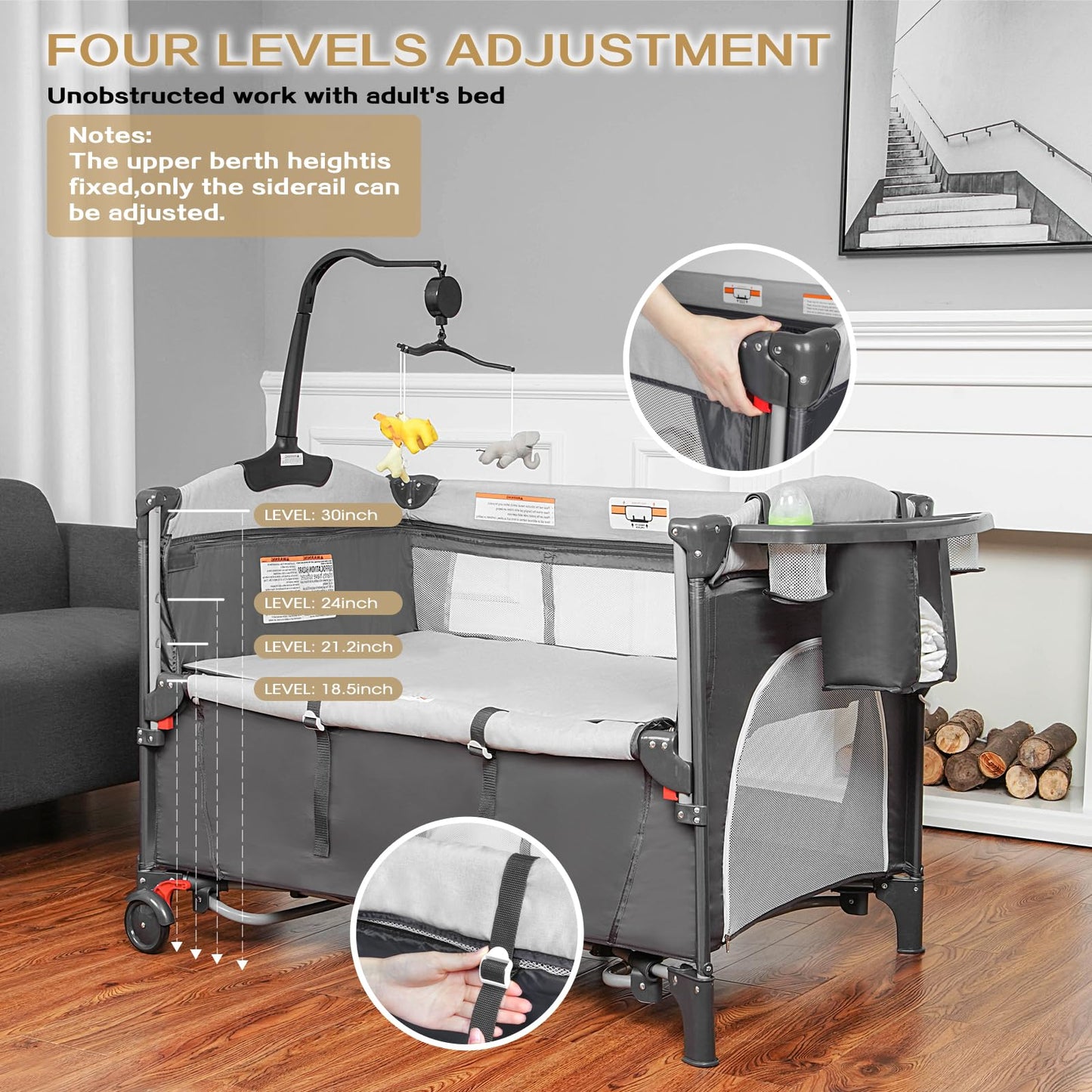 Mereryi Baby Bassinet 5-In-1 Pack And Play Portable Crib For Baby Bed,Multifunction Bedside Crib From Newborn To Toddlers,U-Shap