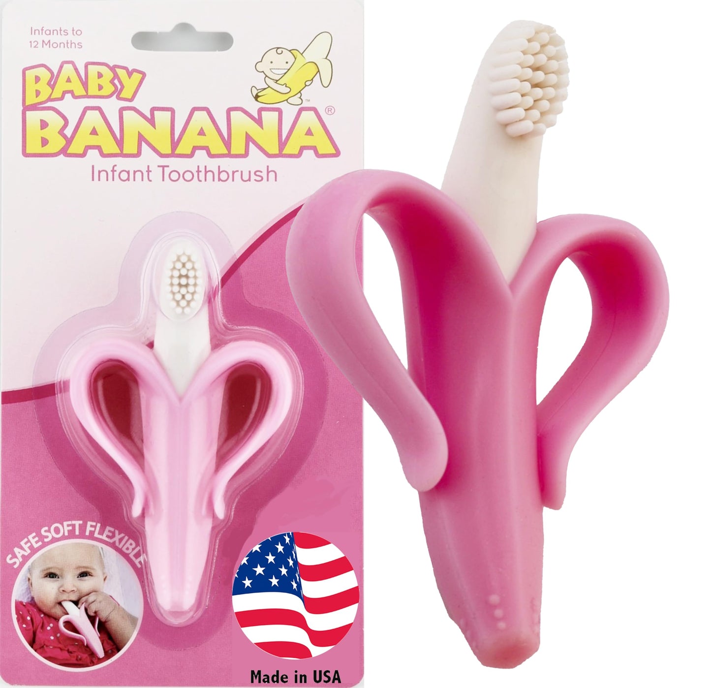 Baby Banana The Original Teether-Toothbrush, Infant to Toddler, Made in USA, Butter-Soft Bristles for Gums and Teeth, Bendable F