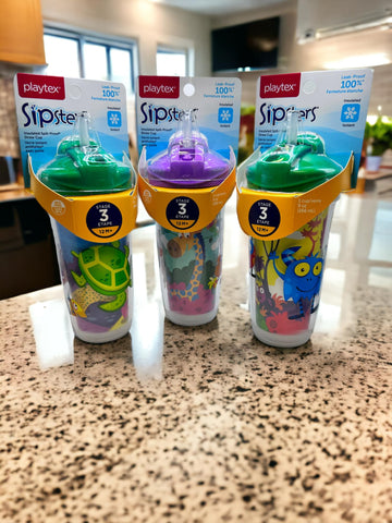 Playtex Baby Sipsters Stage 3 Straw Cups, Spill-Proof, Leak-Proof, Insulated - Sea Creatures, Monsters And Zoo Animal, 9 Oz, 3 C